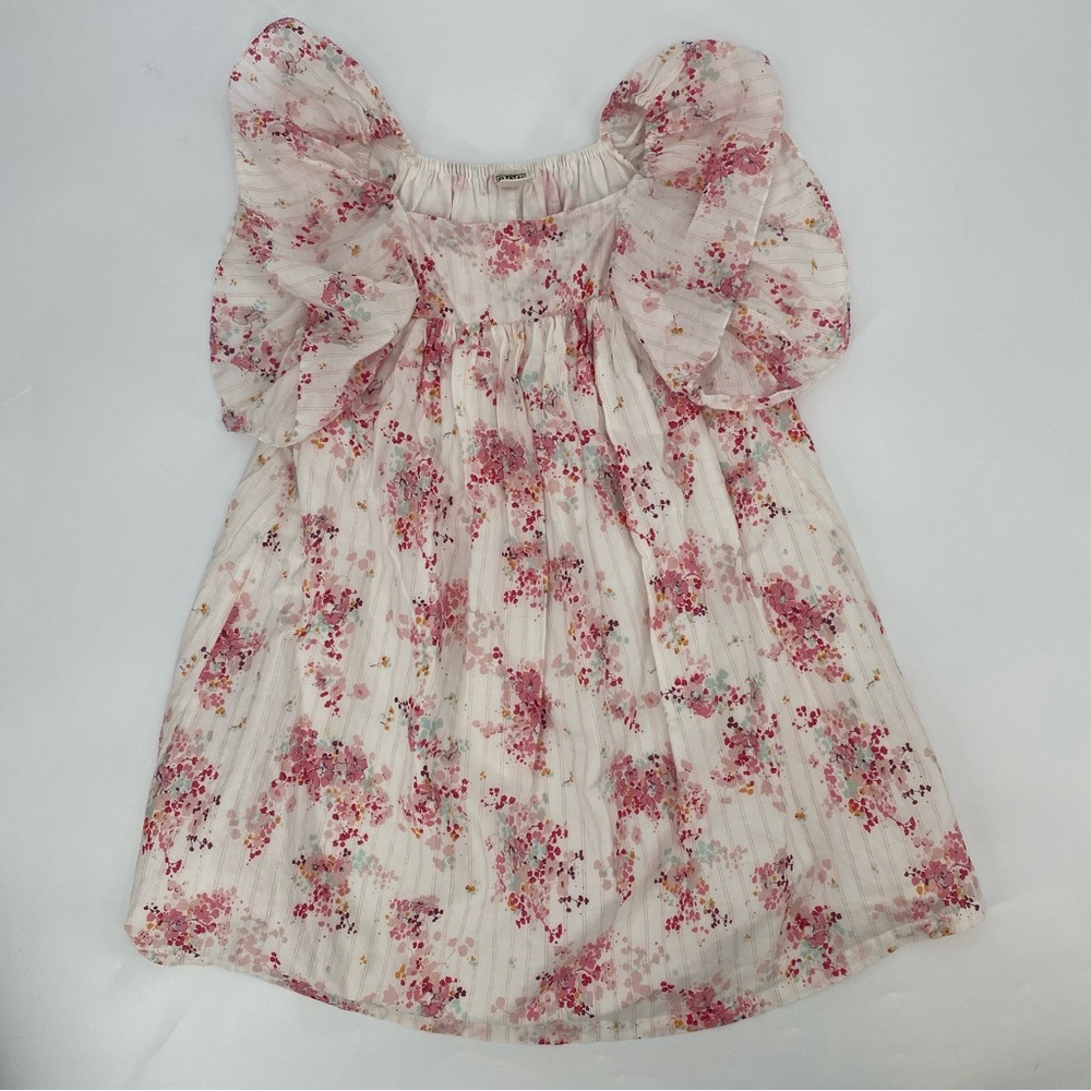 Bonton Cream Dress with Pink Floral Print and Puff Sleeves